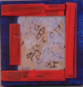 Misplaced Meaning, 8" x8", acrylic paint, wood, paper, wire mesh on wood board, 2013