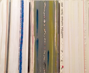 Strips..., 2014, paper, acrylic, string, found objects on wood panels, 30" x 36"